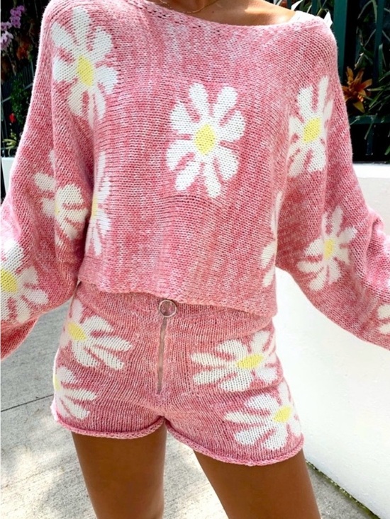 Yellow The Label Sweaters - Off-the-Shoulder Pink Daisy Knit Sweater